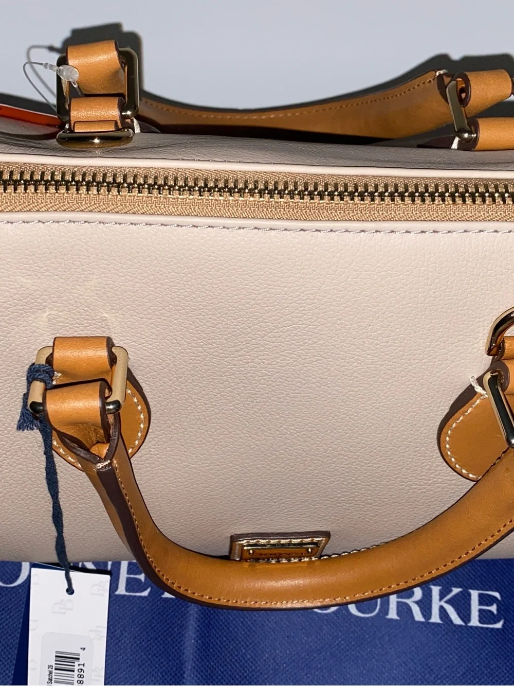 Dooney & Bourke Light Beige Satchel with Tan Trim Barrel 25